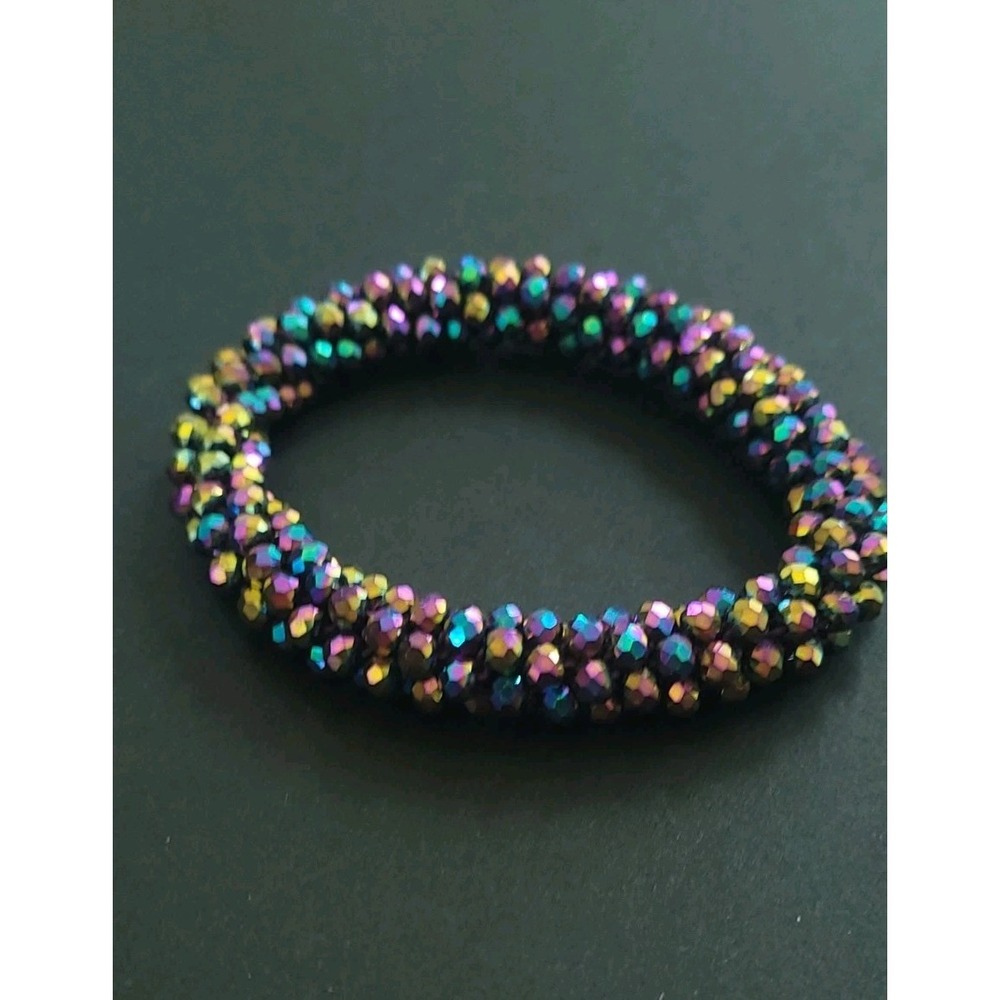Iridescent Rainbow Faceted Glass Bead Woven Stretch Bracelet Purple 10mm